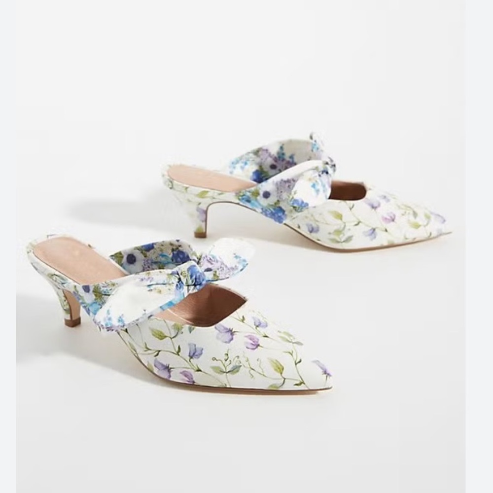 Anthropologie 7.5 Paloma Bow Kitten Heel Floral Cottagecore Mules SlipOn Romance